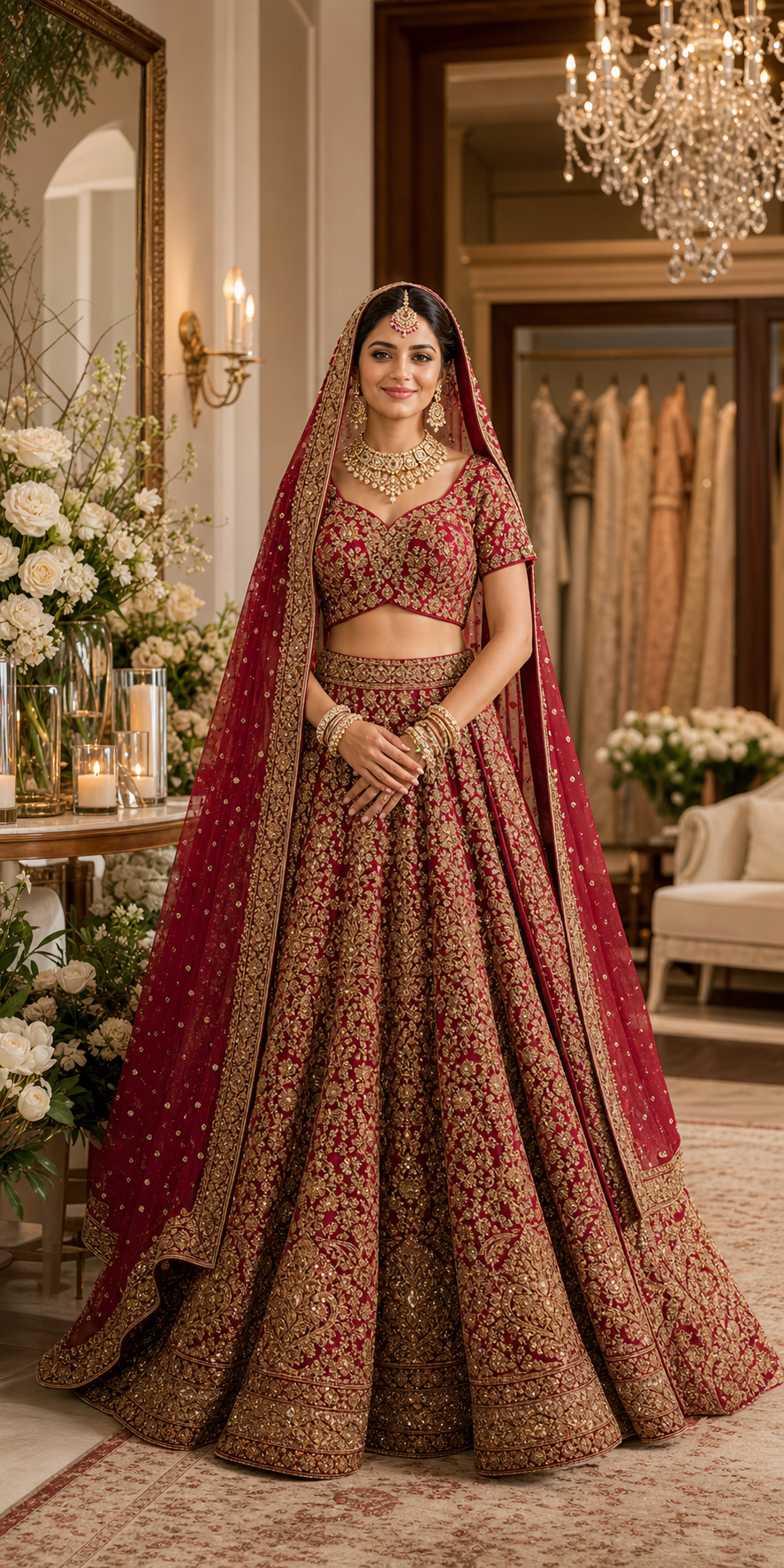 A bride in a deep ruby and antique-gold bridal lehenga during a fitting in a flower-filled wedding salon