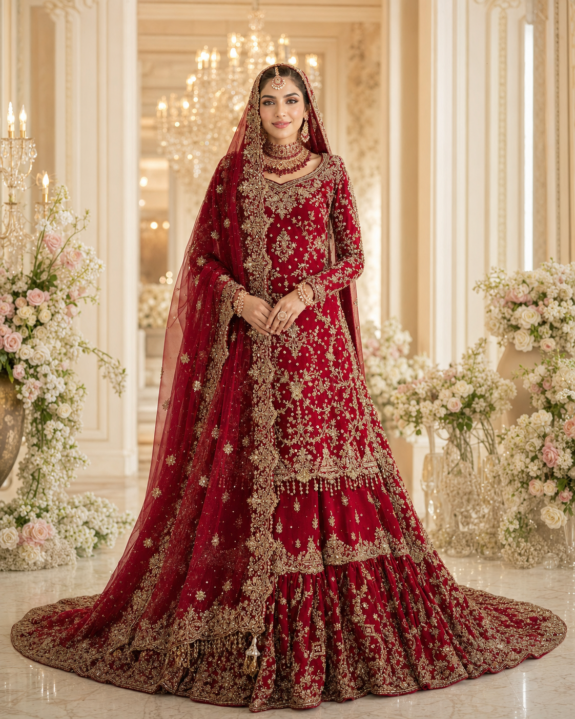 A centered bridal portrait of a model wearing a crimson embroidered Dulhan outfit in a luxurious flower-filled wedding salon