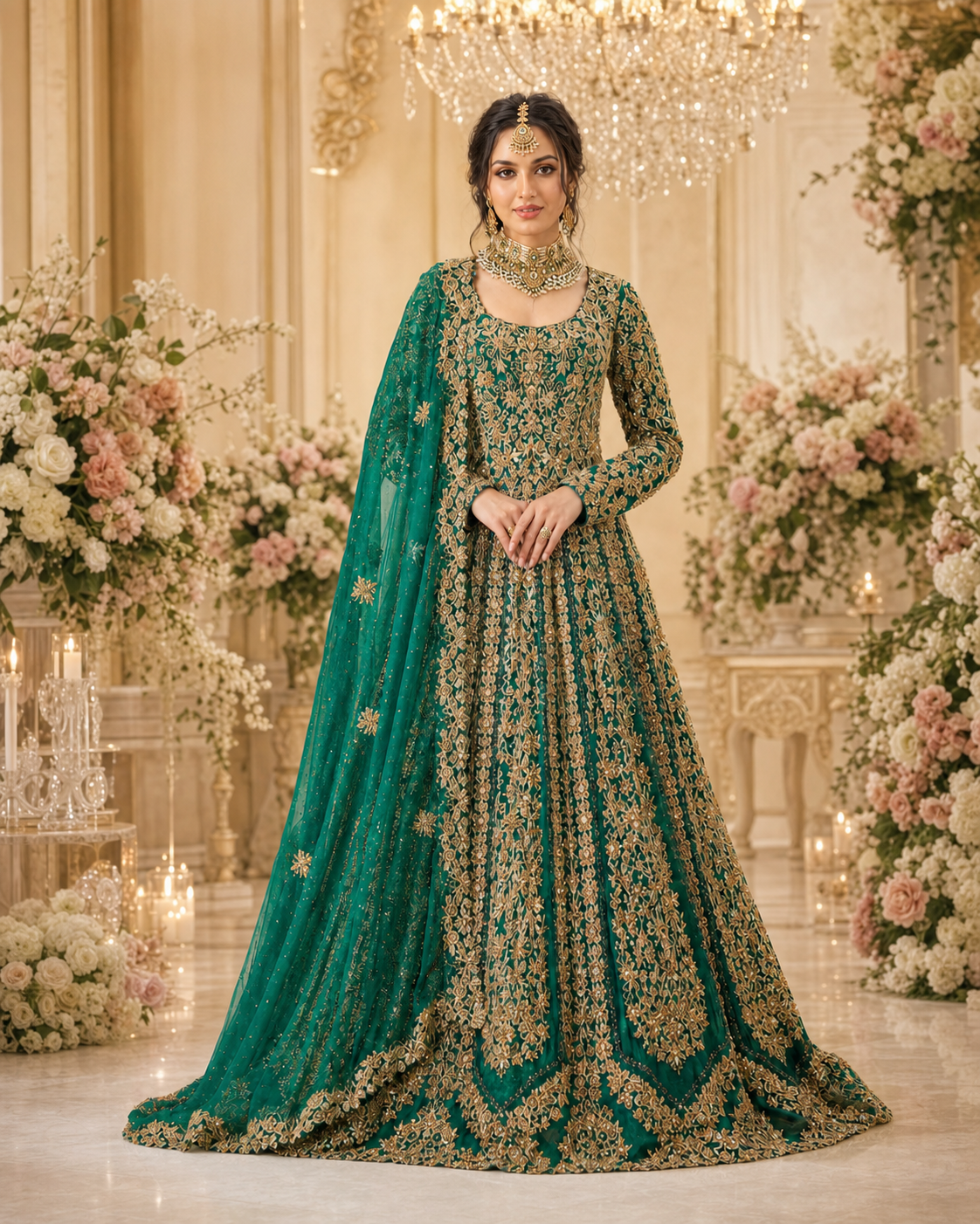 A centered bridal portrait of a model wearing an emerald green and gold embroidered Dulhan outfit, with her face visible