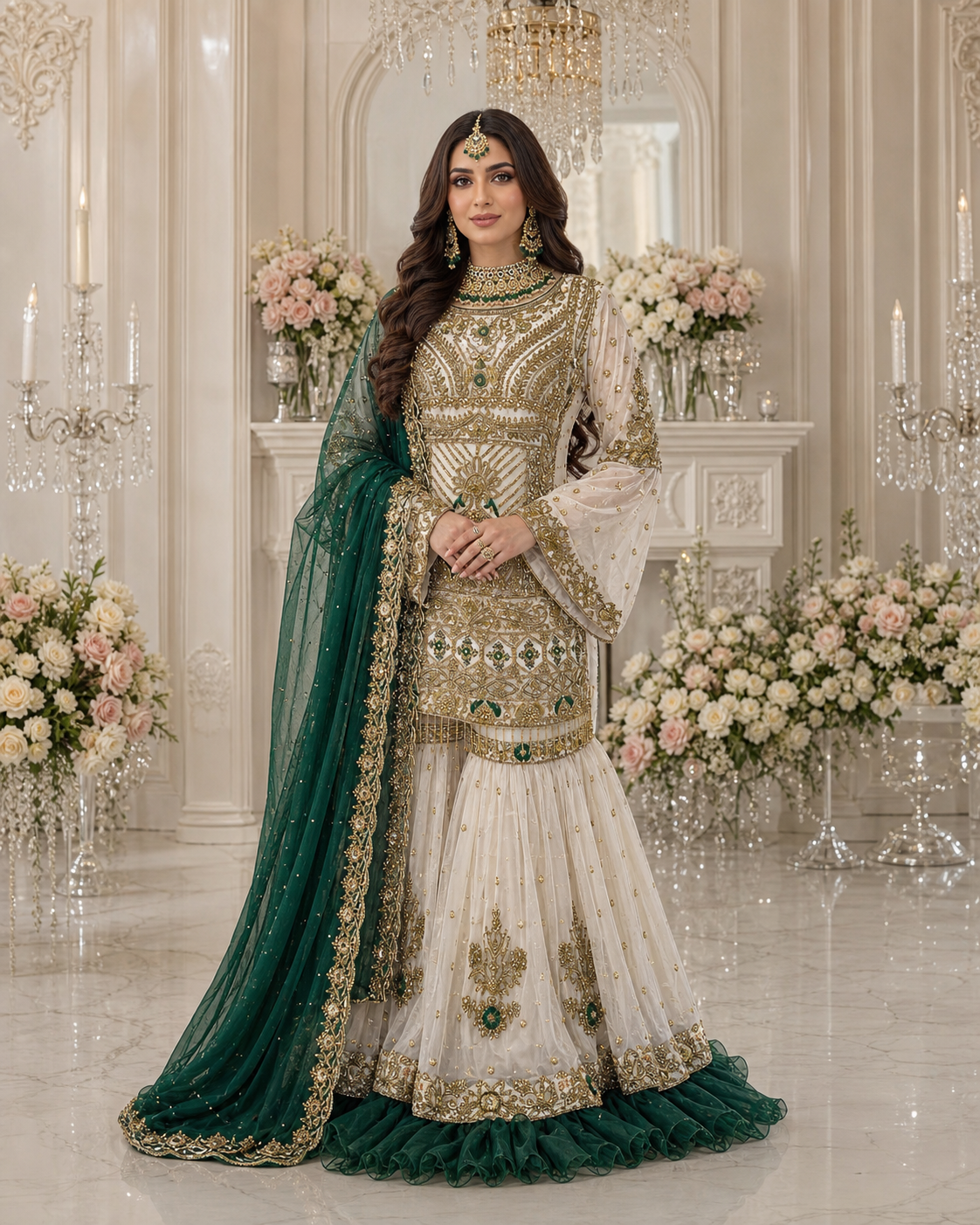 A centered bridal portrait of a model wearing an ivory, emerald and gold embroidered Dulhan outfit in a luxurious flower-filled wedding salon